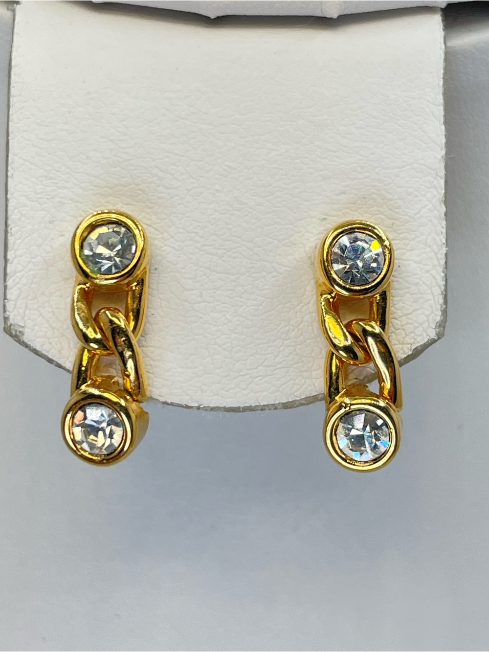 Vintage Monet Gold Tone White Crystal Link Dainty Glam Earrings Minimalist